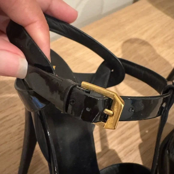 Saint Laurent Black Patent T-Strap Heels with Gold Logo - Picture 16 of 16